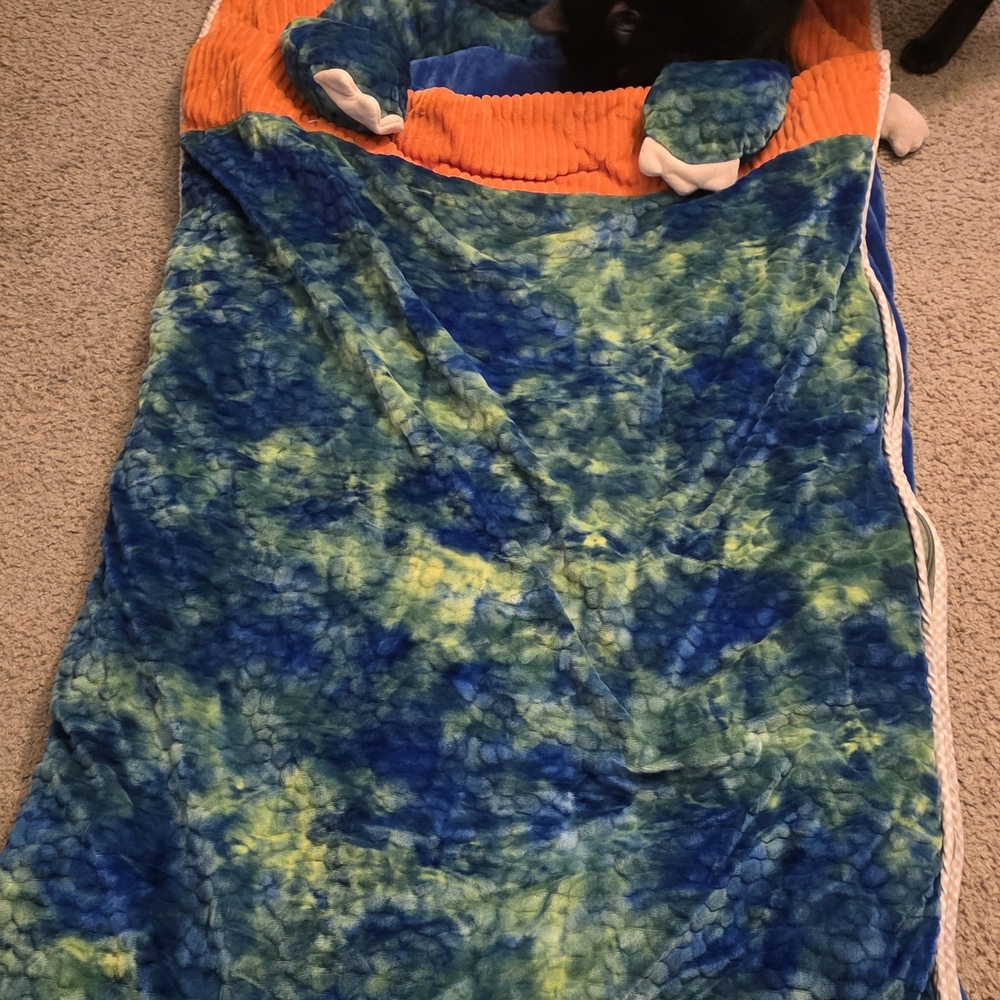 Plush Blue & Lime Tie-Dye Throw with Orange Trim